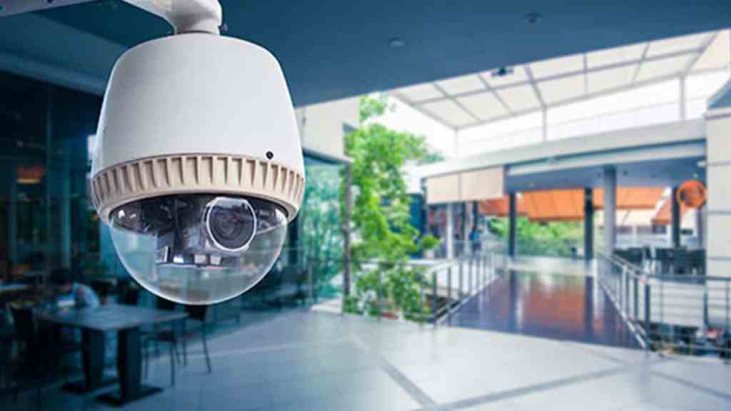 Dome security camera building lobby.